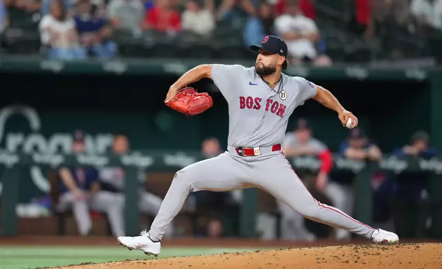 Boston Red Sox starting pitcher Patrick Sandoval throws to the Texas Rangers during the second inning of a baseball game Tuesday, Sept. 15, 2026, in Arlington, Texas. (AP Photo/Julio Cortez)