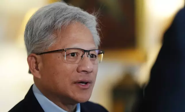 Nvidia chief executive Jensen Huang records a pool interview ahead of a meeting hosted by King Charles III for leaders from the AI sector, Government, and thought leaders to discuss how AI can be developed and deployed in ways that benefit society, at Dumfries House in Cumnock, Scotland, Thursday Sept. 17, 2026. (Jonathan Brady/PA via AP, Pool)