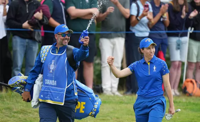 Carlota Ciganda of Europe reacts as she walks onto the 16th green during the final day of the Solheim Cup in Den Bosch, Netherlands, Sunday, Sept. 13, 2026. (AP Photo/Alastair Grant)