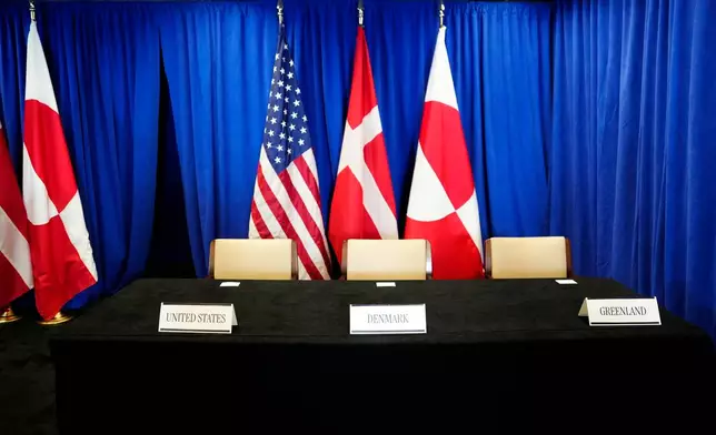 The room for the signing ceremony of a security deal between the U.S., Denmark and Greenland at United Nations headquarters, Tuesday, Sept. 22, 2026. (Mads Claus Rasmussen/Ritzau Scanpix via AP)