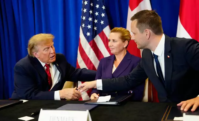 Denmark's Prime Minister Mette Frederiksen, center, Greenland's Prime Minister Jens-Frederik Nielsen, right, and US President Donald Trump at the signing ceremony of a security deal between the U.S., Denmark and Greenland at United Nations headquarters, Tuesday, Sept. 22, 2026. (Mads Claus Rasmussen/Ritzau Scanpix via AP)