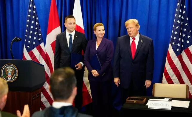 Denmark's Prime Minister Mette Frederiksen, Greenland's Prime Minister Jens-Frederik Nielsen, left, and US President Donald Trump at the signing ceremony of a security deal between the U.S., Denmark and Greenland at United Nations headquarters, Tuesday, Sept. 22, 2026. (Mads Claus Rasmussen/Ritzau Scanpix via AP)