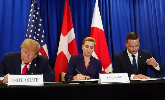 President Donald Trump signs a security agreement with Denmark's Prime Minister Mette Frederiksen and Greenland's Prime Minister Jens-Frederik Nielsen during the United Nations General Assembly, Tuesday, Sept. 22, 2026, at the UN headquarters. (AP Photo/Julia Demaree Nikhinson)