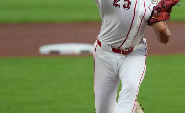 Cincinnati Reds pitcher Rhett Lowder throws during the first inning of a baseball game against the Los Angeles Dodgers, Tuesday, Sept. 15, 2026, in Cincinnati. (AP Photo/Carolyn Kaster)
