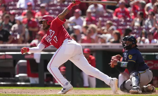 Cincinnati Reds' Dane Myers grounds into a fielder's choice that scored two runs in the eighth inning of a baseball game against the Milwaukee Brewers, Sunday, Sept. 6, 2026, in Cincinnati. (AP Photo/Kareem Elgazzar)