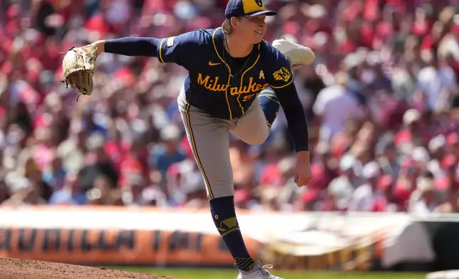 Milwaukee Brewers pitcher Kyle Harrison follows through on a pitch in the second inning of a baseball game against the Cincinnati Reds, Sunday, Sept. 6, 2026, in Cincinnati. (AP Photo/Kareem Elgazzar)