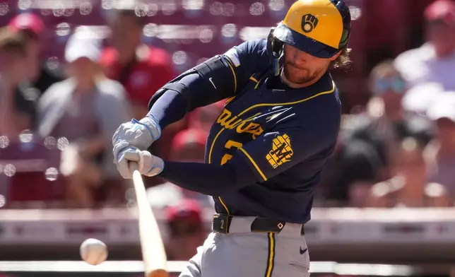 Milwaukee Brewers' Brice Turang hits a one-run single in the ninth inning of a baseball game against the Cincinnati Reds, Sunday, Sept. 6, 2026, in Cincinnati. (AP Photo/Kareem Elgazzar)