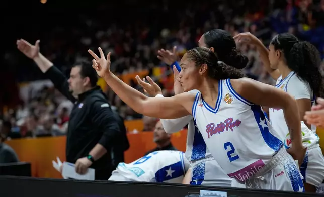 Puerto Rico's Brianna Jones reacts during the Women's Basketball World Cup match between Puerto Rico and Belgium in Berlin, Sunday, Sept. 6, 2026. (AP Photo/Ebrahim Noroozi)