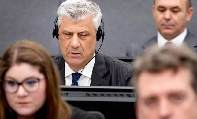 FILE - Former Kosovo president Hashim Thaci, top left, appears before the Kosovo Tribunal as he defends himself against charges including murder, torture and persecution allegedly committed during his country's war for independence from Serbia in the Hague, on April 3, 2023. (Koen van Weel/Pool via AP, File)
