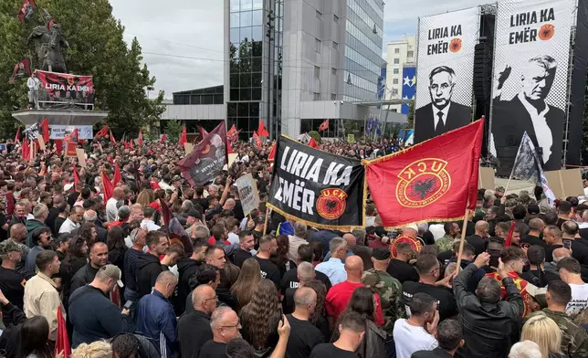 People rally in Pristina, Kosovo, Saturday, Sept. 12, 2026, in support of the former president Hashim Thaci and the other defendants, Kadri Veseli, Rexhep Selimi and Jakup Krasniqi ahead of their verdicts next week at a Netherlands-based court which tried them for alleged war crimes during a 1998-1999 separatist war from Serbia. (AP Photo/Zana Cimili) ADDITION: adds the names of the former president Hashim Thaci and the other defendants, Kadri Veseli, Rexhep Selimi and Jakup Krasniqi