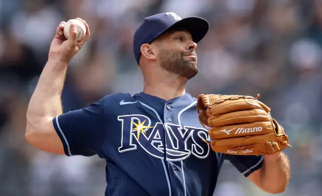 Tampa Bay Rays starting pitcher Nick Martinez throws in the fourth inning during the first baseball game of a doubleheader against the New York Yankees, Tuesday, Sept. 22, 2026, in New York. (AP Photo/Adam Hunger)