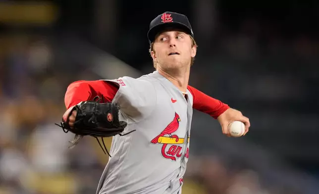 St. Louis Cardinals starting pitcher Quinn Mathews throws to the plate during the second inning of a baseball game against the Los Angeles Dodgers, Thursday, Sept. 3, 2026, in Los Angeles. (AP Photo/Mark J. Terrill)