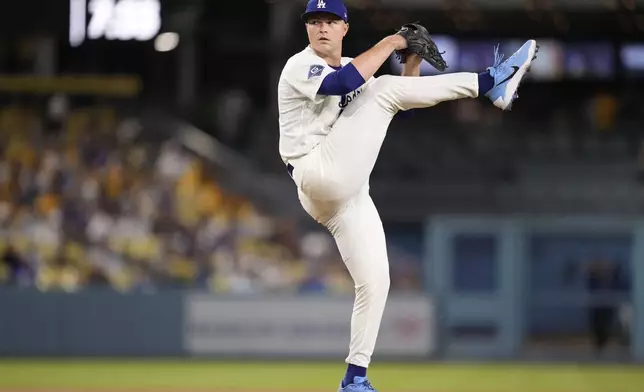 Los Angeles Dodgers starting pitcher Tarik Skubal throws to the plate during the second inning of a baseball game against the St. Louis Cardinals, Thursday, Sept. 3, 2026, in Los Angeles. (AP Photo/Mark J. Terrill)