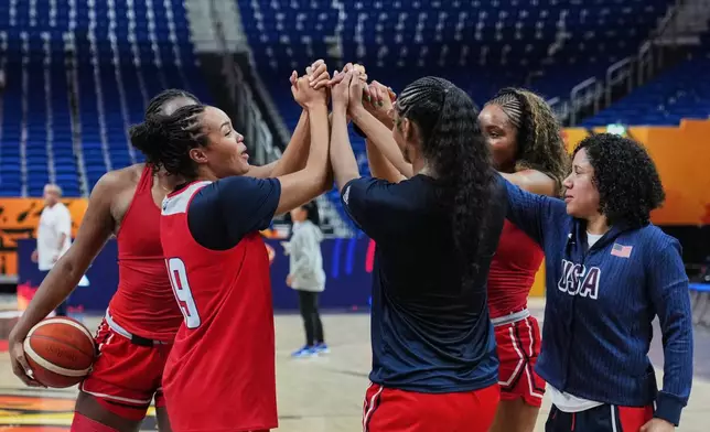 United States women's basketball team practices during a training session ahead of the match between China and United States during the Women's Basketball World Cup in Berlin, Germany, Wednesday, Sept. 2, 2026. (AP Photo/Ebrahim Noroozi)