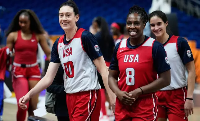 Breanna Stewart (10) and Chelsea Gray (8) of United States attend a training session ahead of the match between China and United States during the Women's Basketball World Cup in Berlin, Germany, Wednesday, Sept. 2, 2026. (AP Photo/Ebrahim Noroozi)