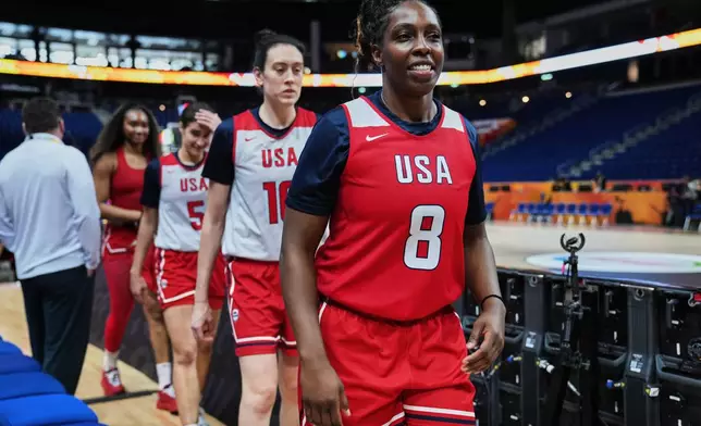 Chelsea Gray (8) of United States attends a training session ahead of the match between China and United States during the Women's Basketball World Cup in Berlin, Germany, Wednesday, Sept. 2, 2026. (AP Photo/Ebrahim Noroozi)