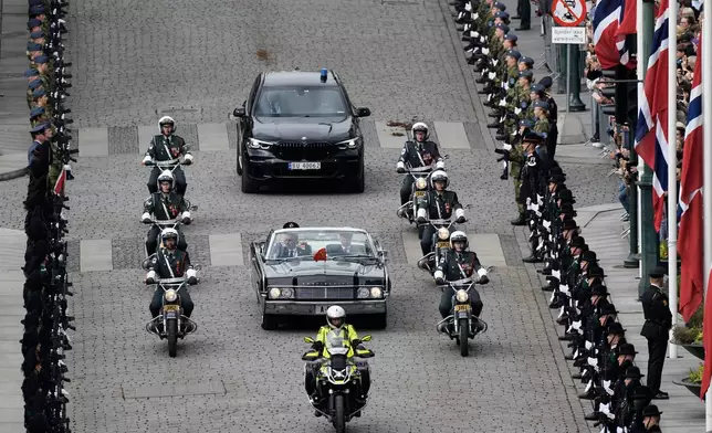 King Haakon VIII. arrives to take the oath according to the Constitution in the Storting, Norway's parliament, in Oslo, Norway, Tuesday, Sept. 1, 2026. (Cornelius Poppe/NTB Scanpix via AP)