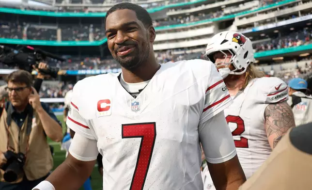 Arizona Cardinals quarterback Jacoby Brissett (7) smiles after an NFL football game against the Los Angeles Chargers, Sunday, Sept. 13, 2026, in Inglewood, Calif. (AP Photo/Caroline Brehman)