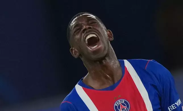 PSG's Ousmane Dembele shouts during the Champions League opening phase soccer match between PSG and Slovan Bratislava in Paris, Wednesday, Sept. 9, 2026. (AP Photo/Thibault Camus)