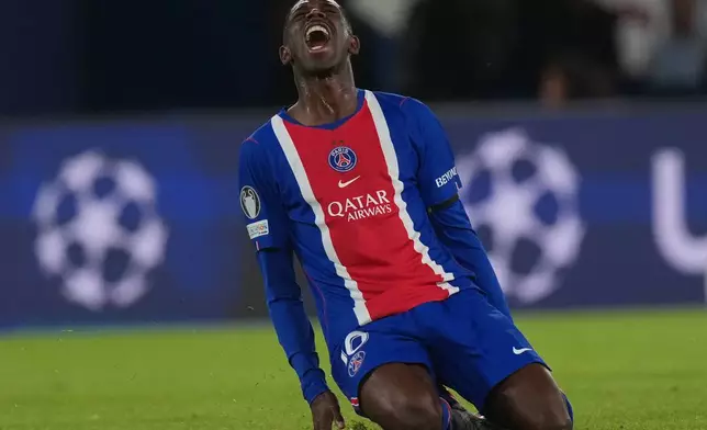 PSG's Ousmane Dembele shouts during the Champions League opening phase soccer match between PSG and Slovan Bratislava in Paris, Wednesday, Sept. 9, 2026. (AP Photo/Thibault Camus)