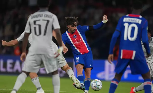 PSG's Ferran Torres scores during the Champions League opening phase soccer match between PSG and Slovan Bratislava in Paris, Wednesday, Sept. 9, 2026. (AP Photo/Thibault Camus)