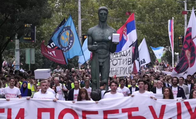 Political candidates, students and citizens carry signatures for the "Student list - Students win" to the Republic Election Commission towards participation in the upcoming parliamentary elections in Belgrade, Serbia, Monday, Sept. 14, 2026. (AP Photo/Darko Vojinovic)