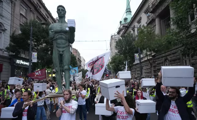 Political candidates, students and citizens carry signatures for the "Student list - Students win" to the Republic Election Commission towards participation in the upcoming parliamentary elections in Belgrade, Serbia, Monday, Sept. 14, 2026. (AP Photo/Darko Vojinovic)