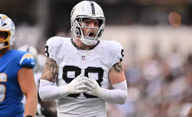 Las Vegas Raiders defensive end Maxx Crosby (98) reacts to a call during the second half of an NFL football game against the Los Angeles Chargers in Inglewood, Calif., Sunday, Sept. 20, 2026. (AP Photo/Katie Chin)