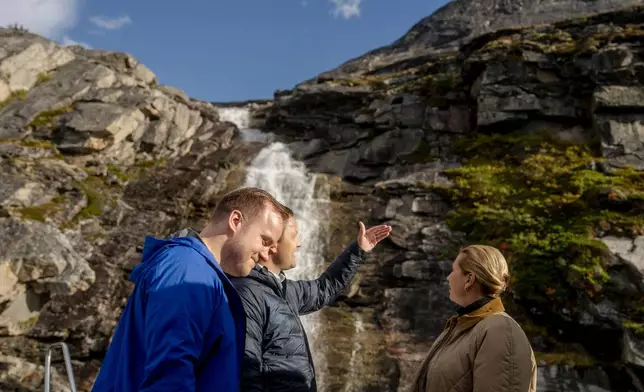 From right, Danish Prime Minister Mette Frederiksen, Greenland's Prime Minister Jens-Frederik Nielsen and the Faroe Islands' Prime Minister Beinir Johannesen visit Qooqqut, Greenland Monday, Sept. 7, 2026. (Mads Claus Rasmussen/Ritzau Scanpix via AP)
