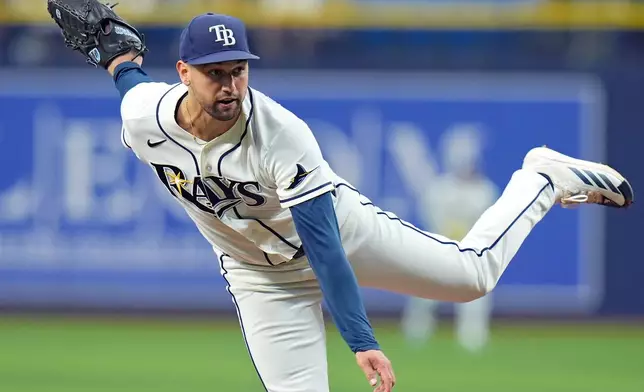Tampa Bay Rays' Ian Seymour follows through on a pitch to the Houston Astros during the first inning of a baseball game Saturday, Sept. 12, 2026, in St. Petersburg, Fla. (AP Photo/Chris O'Meara)