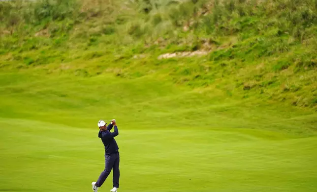 Brooks Koepka, of the United States, plays from the first fairway during the first round of the Irish Open golf tournament, Thursday, Sept. 10, 2026, in Doonbeg, Ireland. (Brian Lawless/PA via AP)