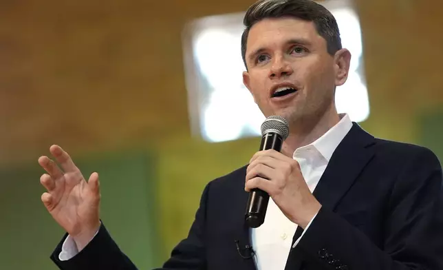 Democratic U.S. Senate candidate Texas state Rep. James Talarico speaks at a food drive at the Frederick Douglass Human Services and Justice Center, Wednesday, Sept. 9, 2026, in Dallas. (AP Photo/Julia Demaree Nikhinson)