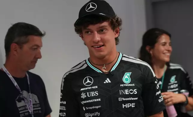 Mercedes driver Andrea Kimi Antonelli of Italy arrives to attend a news conference ahead of Sunday's Italy Grand Prix, at the Monza racetrack, Italy, Thursday, Sept. 3, 2026. (AP Photo/Luca Bruno)