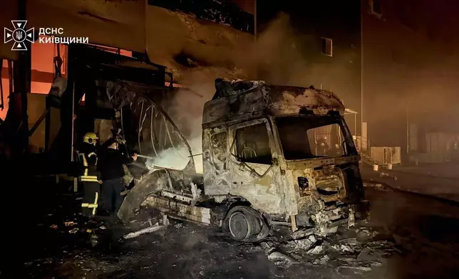 In this photo provided by the Ukrainian Emergency Service, firefighters put out a fire in a warehouse following a Russian drone attack near Kyiv, Ukraine, Wednesday, Sept. 2, 2026. (Ukrainian Emergency Service via AP)