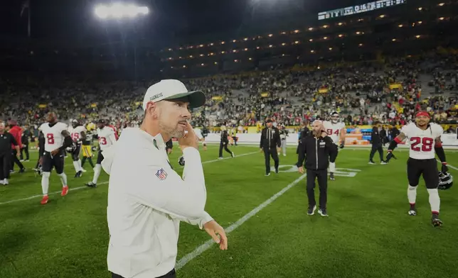 Green Bay Packers head coach Matt LaFleur walks off the field after an NFL football game against the Atlanta Falcons in Green Bay, Wis., Thursday, Sept. 24, 2026. (AP Photo/Abbie Parr)