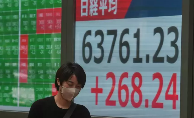 A person walks in front of an electronic stock board showing Japan's Nikkei index at a securities firm Tuesday, Sept. 15, 2026, in Tokyo. (AP Photo/Eugene Hoshiko)