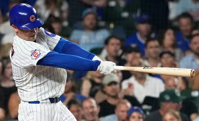 Chicago Cubs' Alex Bregman hits a solo home run during the fourth inning of a baseball game against the Milwaukee Brewers in Chicago, Monday, Aug. 31, 2026. (AP Photo/Nam Y. Huh)