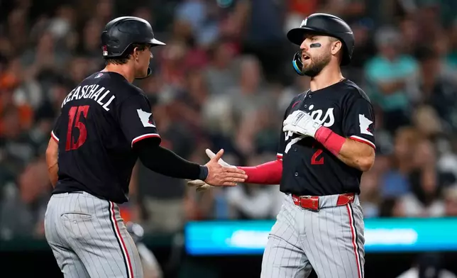 Minnesota Twins' Kody Clemens (2) celebrates his two-run home run with Luke Keaschall (15) against the Detroit Tigers during the sixth inning of a baseball game Tuesday, Sept. 8, 2026, in Detroit. (AP Photo/Paul Sancya)