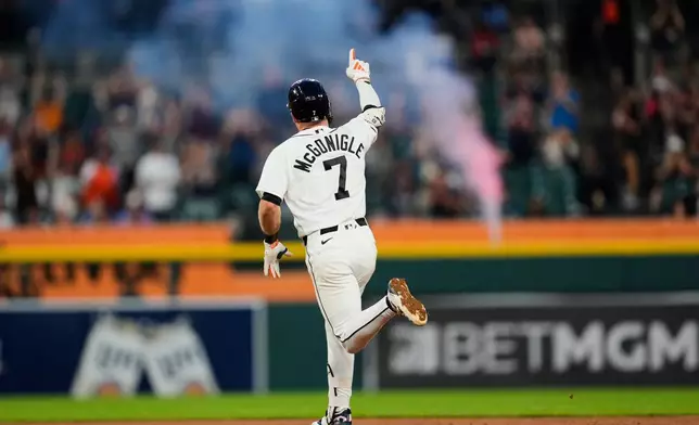 Detroit Tigers' Kevin McGonigle celebrates his two-run home run against the Minnesota Twins during the fifth inning of a baseball game Tuesday, Sept. 8, 2026, in Detroit. (AP Photo/Paul Sancya)