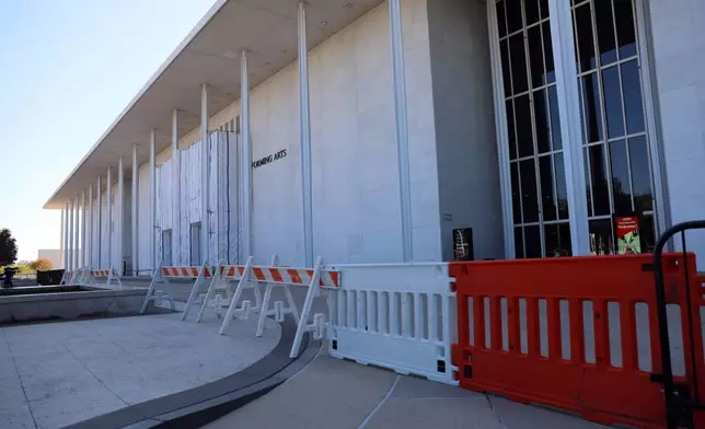 Barricades are installed in front of the John F. Kennedy Center for the Performing Arts, Wednesday, Sept. 16, 2026, in Washington. (AP Photo/Rahmat Gul)