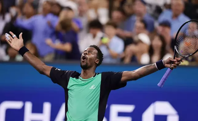 Gael Monfils, of France, celebrates after defeating Adolfo Daniel Vallejo, of Paraguay, during the first round of the U.S. Open tennis championships Tuesday, Sept. 1, 2026, in New York. (AP Photo/Adam Hunger)