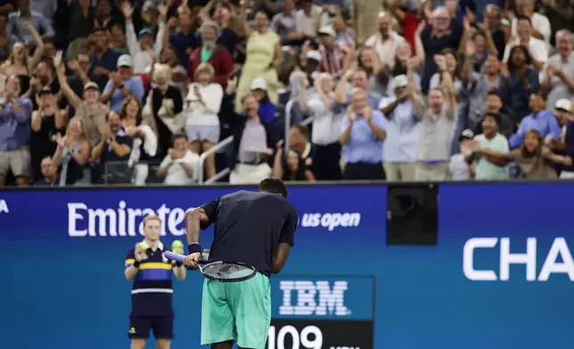 Gael Monfils, of France, takes a bow after winning a point against Adolfo Daniel Vallejo, of Paraguay, during the first round of the U.S. Open tennis championships Tuesday, Sept. 1, 2026, in New York. (AP Photo/Adam Hunger)