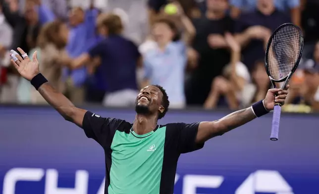 Gael Monfils, of France, celebrates after defeating Adolfo Daniel Vallejo, of Paraguay, during the first round of the U.S. Open tennis championships Tuesday, Sept. 1, 2026, in New York. (AP Photo/Adam Hunger)