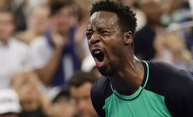 Gael Monfils, of France, celebrates after defeating Adolfo Daniel Vallejo, of Paraguay, during the first round of the U.S. Open tennis championships Tuesday, Sept. 1, 2026, in New York. (AP Photo/Adam Hunger)
