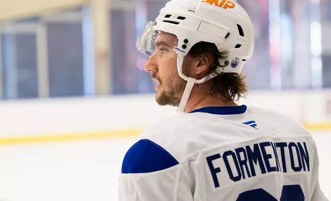 Edmonton Oilers' Forward Alex Formenton looks on during the NHL hockey team's training camp in Edmonton, Alberta, Thursday, Sept. 17, 2026. (John Ulan/The Canadian Press via AP)