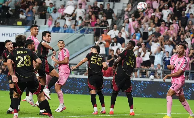 Inter Miami midfielder Casemiro, far left, rear, watches after scoring a goal during the first half of an MLS soccer match against Atlanta United, Saturday, Sept. 5, 2026, in Miami. (AP Photo/Lynne Sladky)