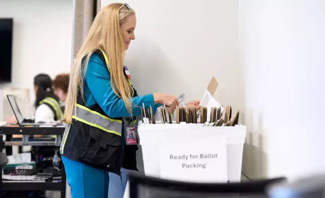 Wake County Board of Elections employees prepare absentee ballots to be mailed on Thursday, Sept. 3, 2026, in Raleigh, N.C. (AP Photo/Matt Ramey)