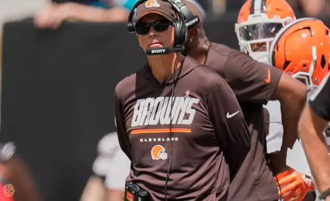 Cleveland Browns head coach Todd Monken looks on in the first half of an NFL football game against the Jacksonville Jaguars, Sunday, Sept. 13, 2026, in Jacksonville. (AP Photo/Mike Stewart)
