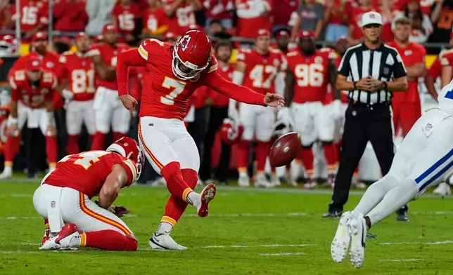 Kansas City Chiefs place kicker Harrison Butker makes a field goal to defeat the Indianapolis Colts in overtime of an NFL football game Sunday, Sept. 20, 2026, in Kansas City, Mo. (AP Photo/Charlie Riedel)