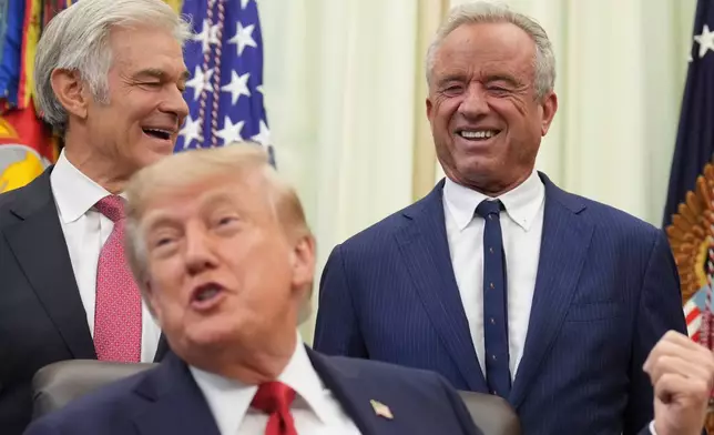 President Donald Trump speaks as Health and Human Services Secretary Robert F. Kennedy Jr., right, and Mehmet Oz, administrator of the Centers for Medicare & Medicaid Services, listen during an event about healthcare in the Oval Office of the White House, Friday Sept. 18, 2026, in Washington. (AP Photo/Jacquelyn Martin)